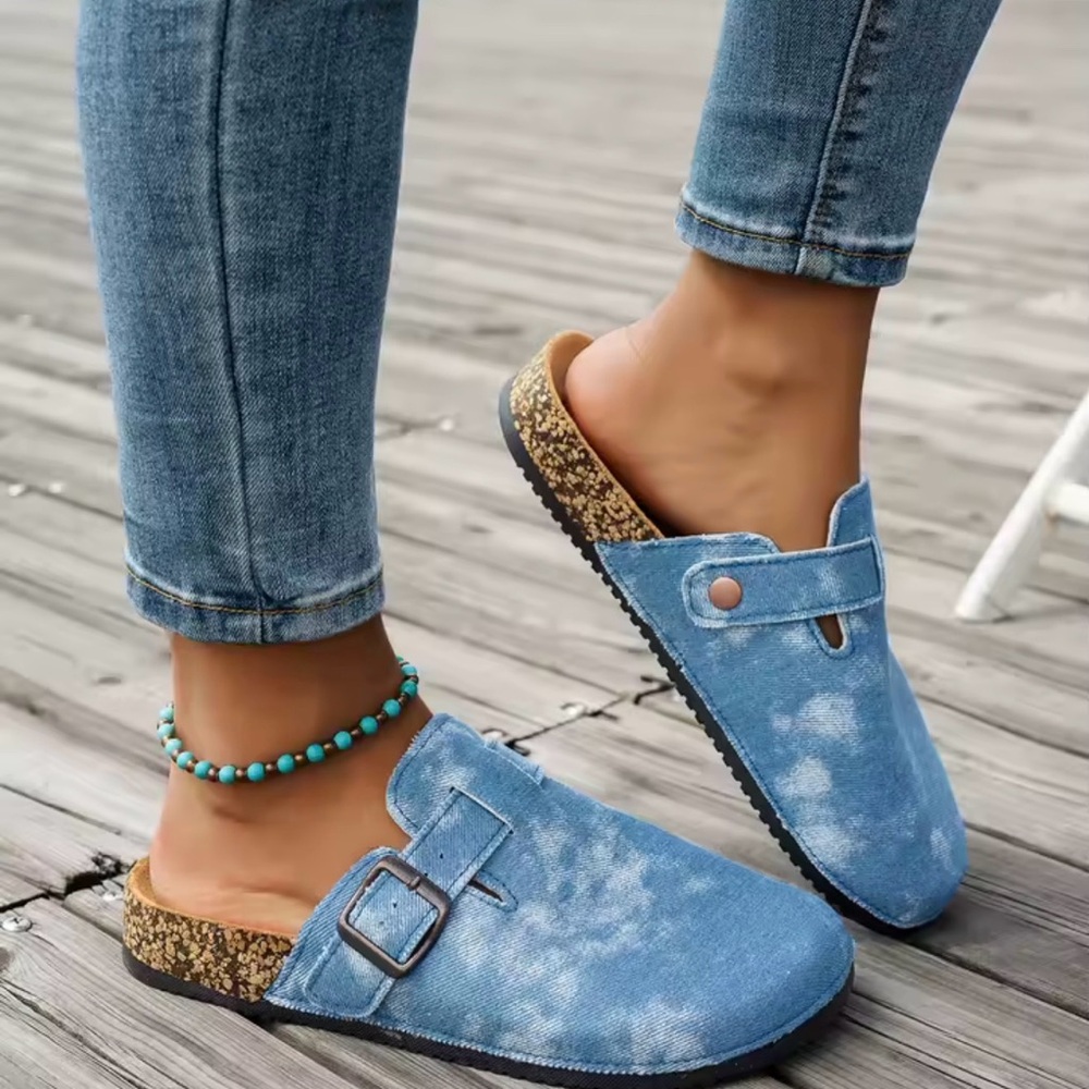 Denim Clog Sandals Blue Washed Slip-On Mules Adjustable Casual Summer Shoes